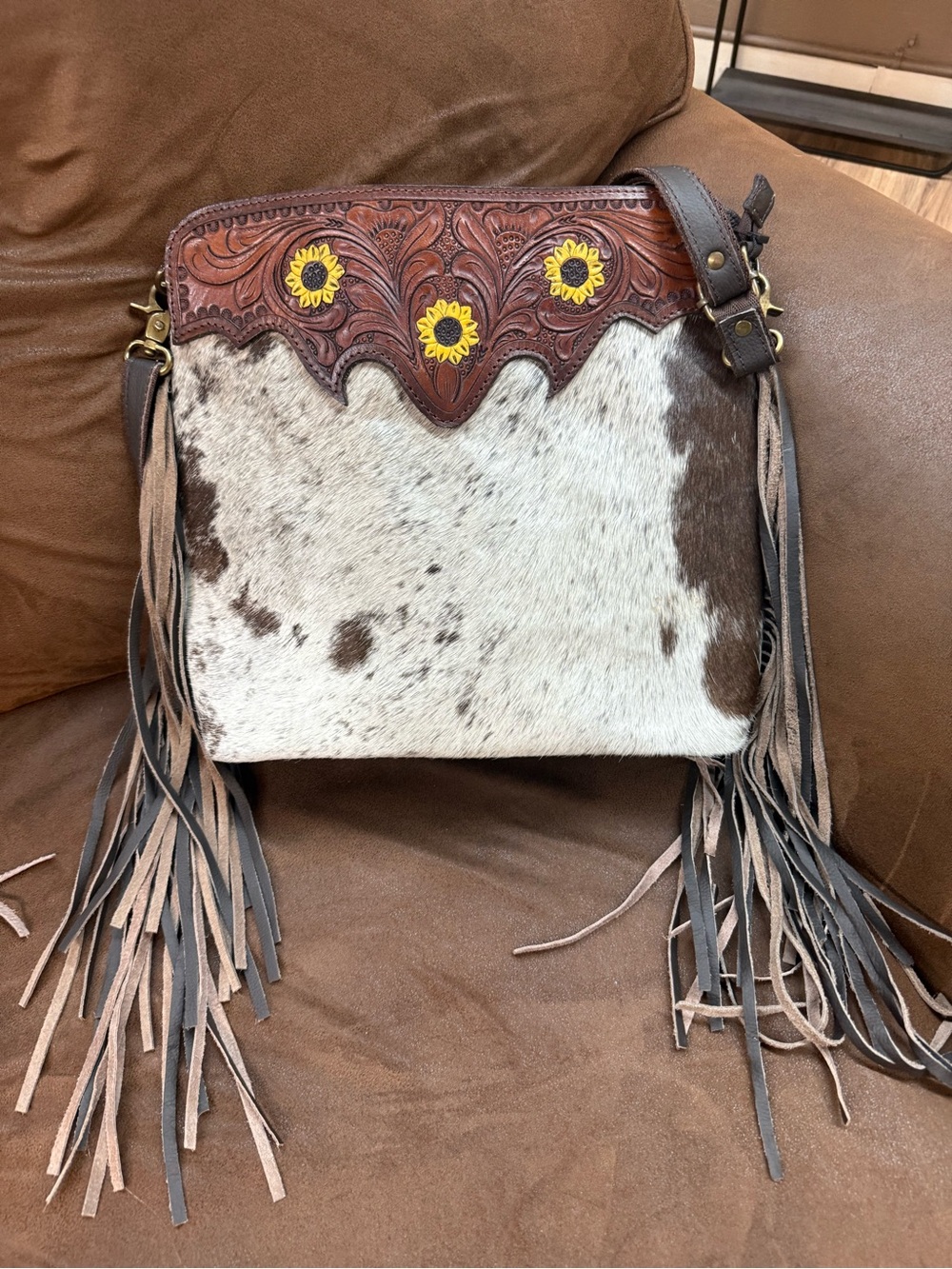 Cowhide Fringe Crossbody Bag with Tooled Leather Sunflower Detail - Brown/White